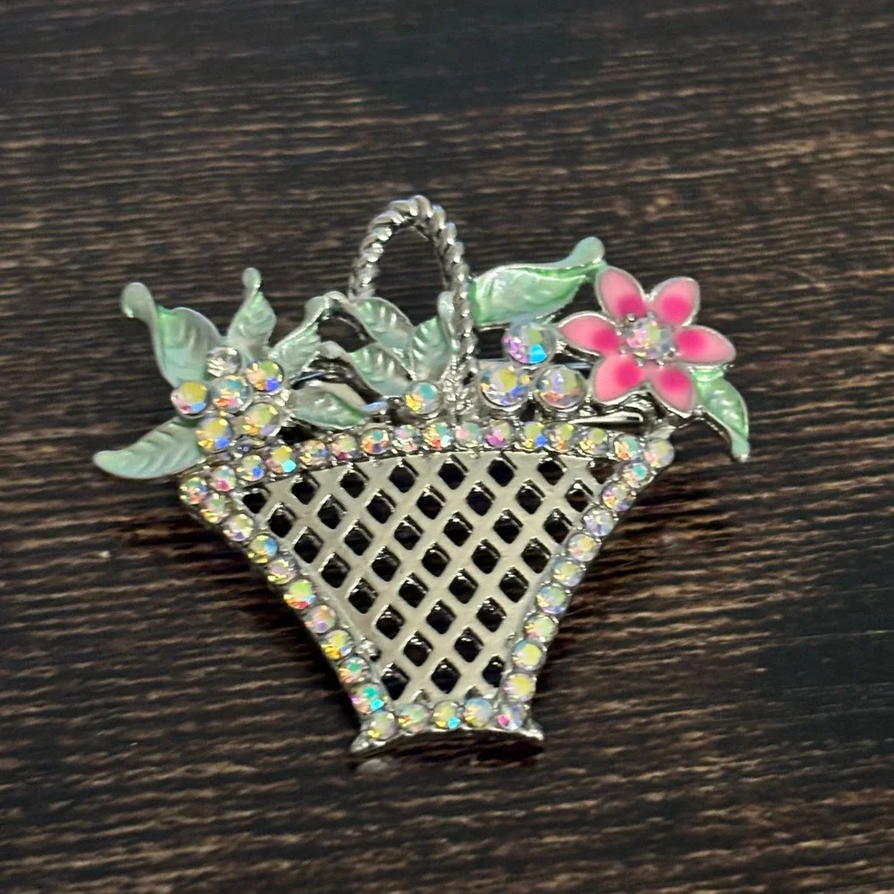 Vintage Style Silver Tone Flower Basket Brooch AB Rhinestone Enamel Pin